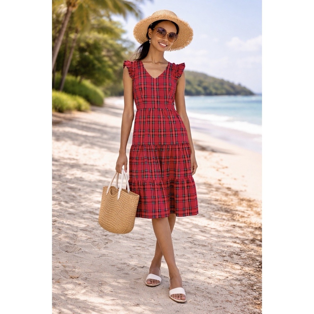 J. Crew Tiered Midi Dress Sz 10 Red Tartan‎ Plaid Flutter Sleeve